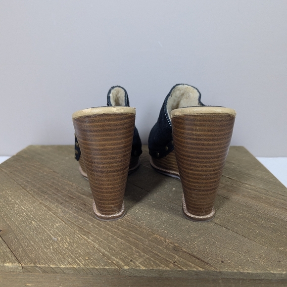 Steve Madden Suede Shearling Clogs Size 7.5 Black Leather Studded Wedge Platform - Picture 10 of 12